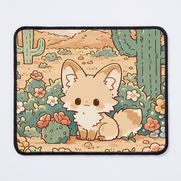 Item preview, Kawaii Fennec Fox sitting in Flowering Desert Meadow with Cacti and Wildflowers designed and sold by AshiraCreations.