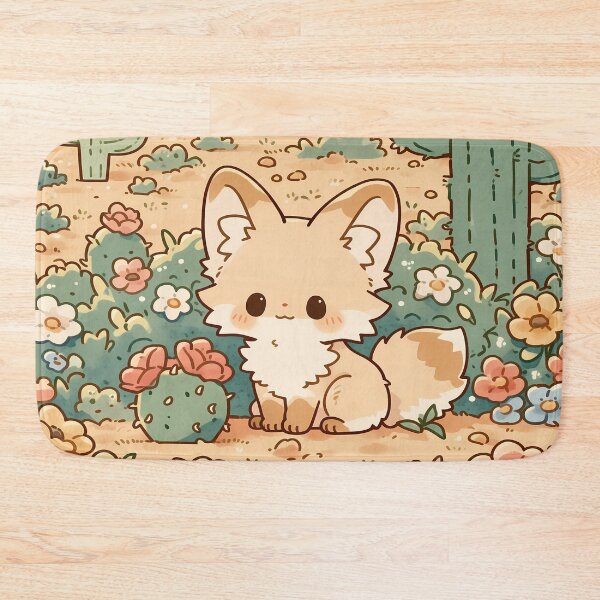 Item preview, Kawaii Fennec Fox sitting in Flowering Desert Meadow with Cacti and Wildflowers designed and sold by AshiraCreations.