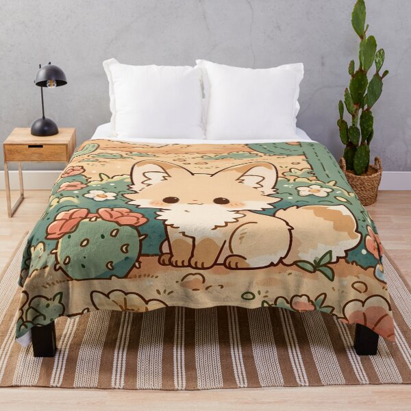 Item preview, Kawaii Fennec Fox sitting in Flowering Desert Meadow with Cacti and Wildflowers designed and sold by AshiraCreations.