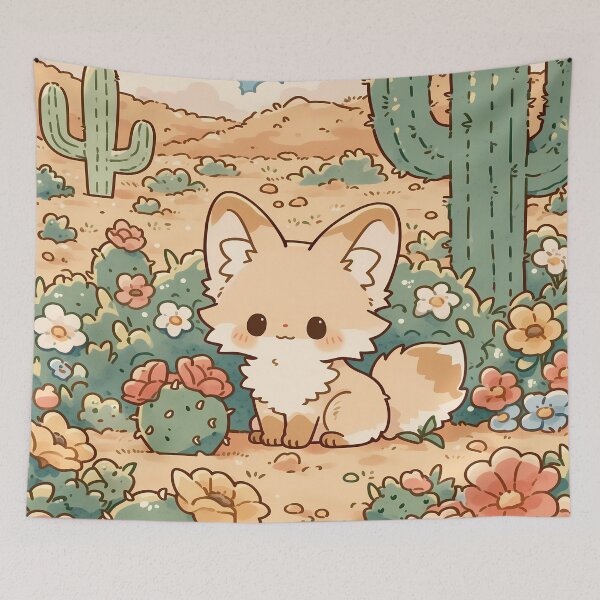 Item preview, Kawaii Fennec Fox sitting in Flowering Desert Meadow with Cacti and Wildflowers designed and sold by AshiraCreations.
