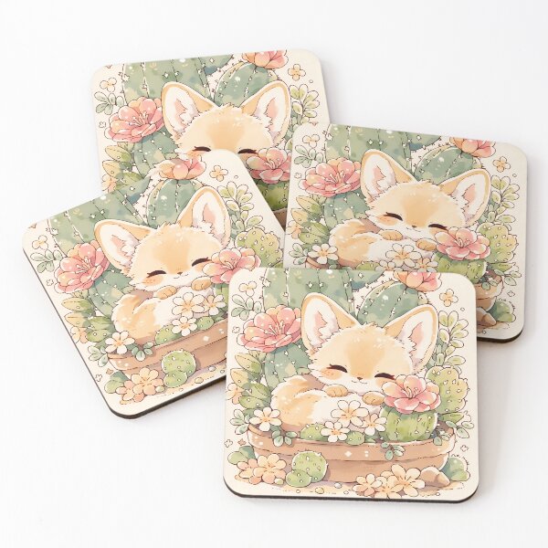 Item preview, Kawaii Fennec Fox Sleeping in Terracotta Pot with Flowering Cacti designed and sold by AshiraCreations.
