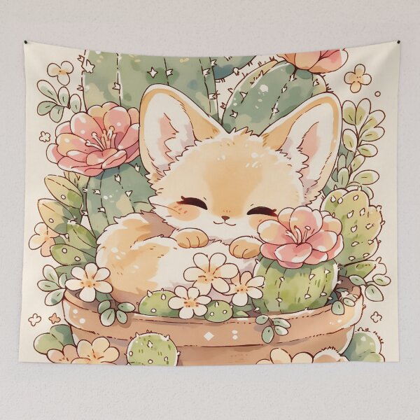 Item preview, Kawaii Fennec Fox Sleeping in Terracotta Pot with Flowering Cacti designed and sold by AshiraCreations.