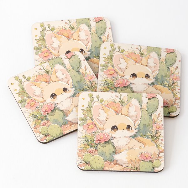 Item preview, Kawaii Fennec Fox sitting in Botanical Desert Garden with Flowering Cacti designed and sold by AshiraCreations.