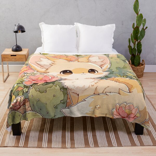 Item preview, Kawaii Fennec Fox sitting in Botanical Desert Garden with Flowering Cacti designed and sold by AshiraCreations.