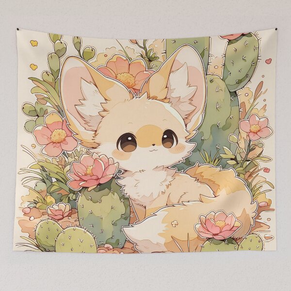 Item preview, Kawaii Fennec Fox sitting in Botanical Desert Garden with Flowering Cacti designed and sold by AshiraCreations.