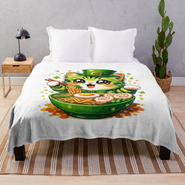 Item preview, St. Patrick’s Day Lucky Cat Eating Ramen – Cute Green Kawaii Leprechaun Kitty Eating Noodles | Funny Anime Food Art designed and sold by BrainBubbleArt.
