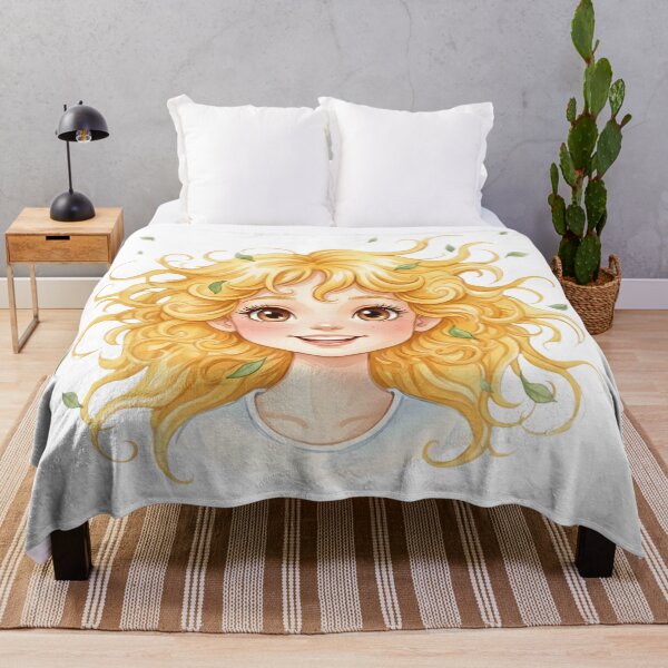 Item preview, Happy Blonde Girl with Swirling Curls and Falling Leaves designed and sold by VibranPalette.