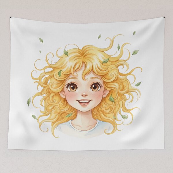 Item preview, Happy Blonde Girl with Swirling Curls and Falling Leaves designed and sold by VibranPalette.