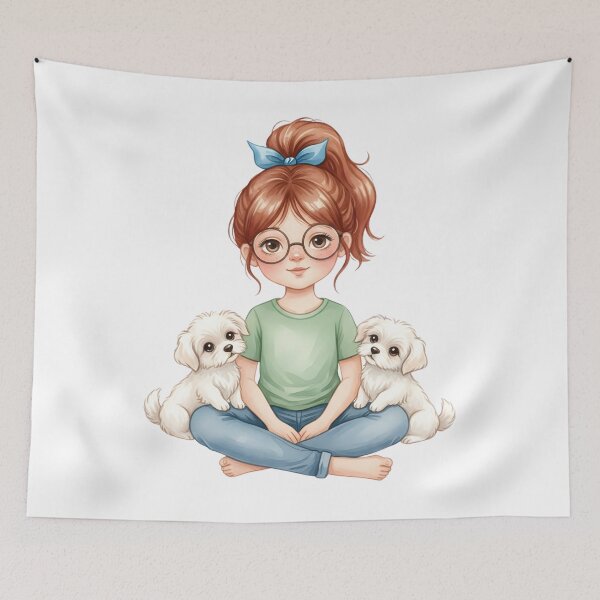 Item preview, Girl with Two Small White Puppies Illustration designed and sold by VibranPalette.