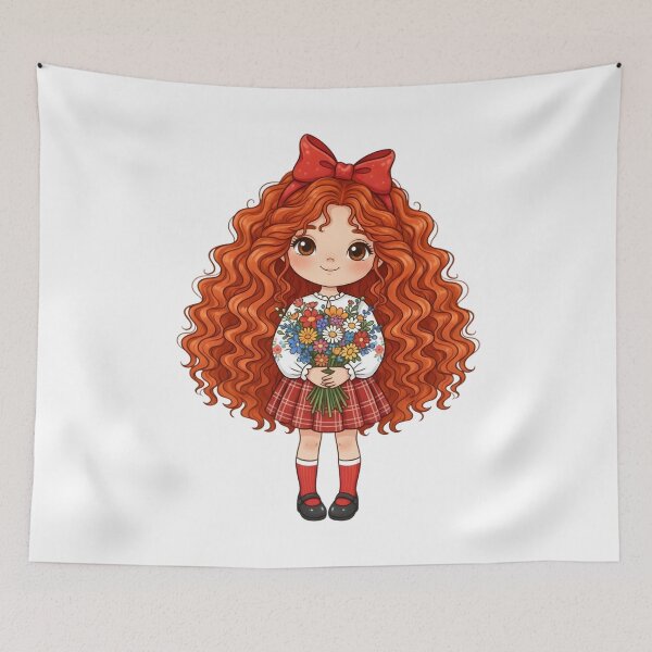 Item preview, Cute Redhead Girl with Flower Bouquet Illustration designed and sold by VibranPalette.