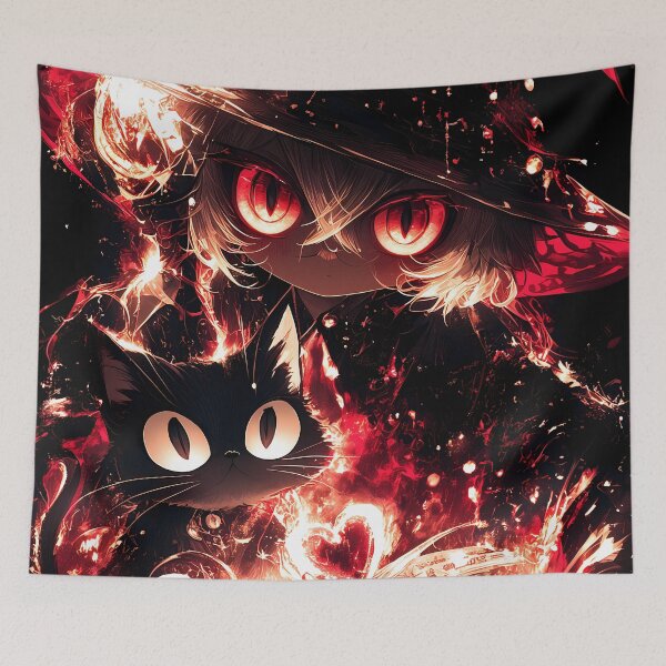 Item preview, Kawaii Gothic Black Cat Witch Casting Blazing Fire Spell with Burning Grimoire in Dark Fantasy Anime Style designed and sold by DonaldWaltersxx.