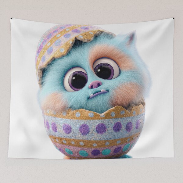 Item preview, Cute Fluffy Baby Monster Hatching - Whimsical Easter Egg Creature Art designed and sold by Hakubiya.