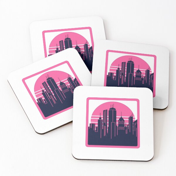 Item preview, Neon Pink Retro City Skyline Silhouette Badge With Sunset Stripes and Futuristic Skyscrapers designed and sold by KanDa-Shop.