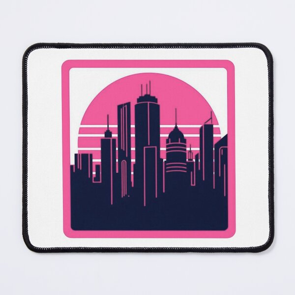 Item preview, Neon Pink Retro City Skyline Silhouette Badge With Sunset Stripes and Futuristic Skyscrapers designed and sold by KanDa-Shop.