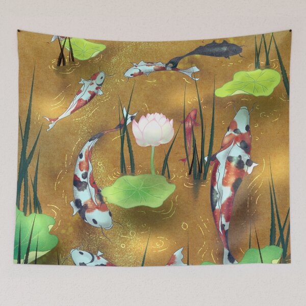 Item preview, Golden River of Fortune: Nine Koi Fish in Radiant Ochre Waters designed and sold by QamarART Paintings.