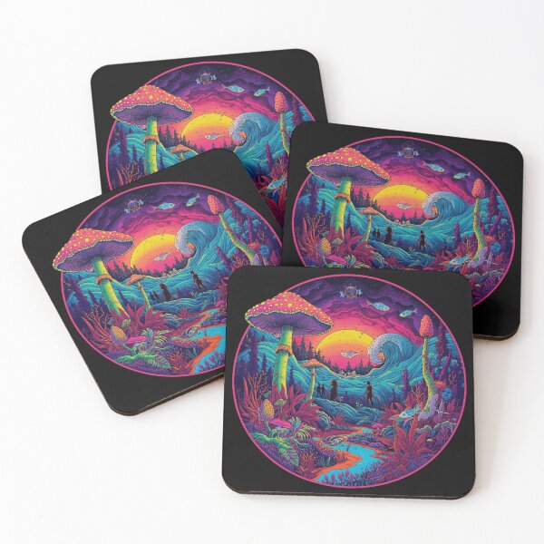 Aperçu de l'œuvre Psychedelic Dream Landscape – Trippy Mushroom Visionary Art on Black créée et vendue par PLUSHIWORLDtm.