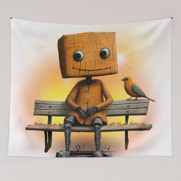 Item preview, Cute Wooden Robot with Bird at Sunset – Whimsical Fantasy Character Art designed and sold by ChenEngEng.