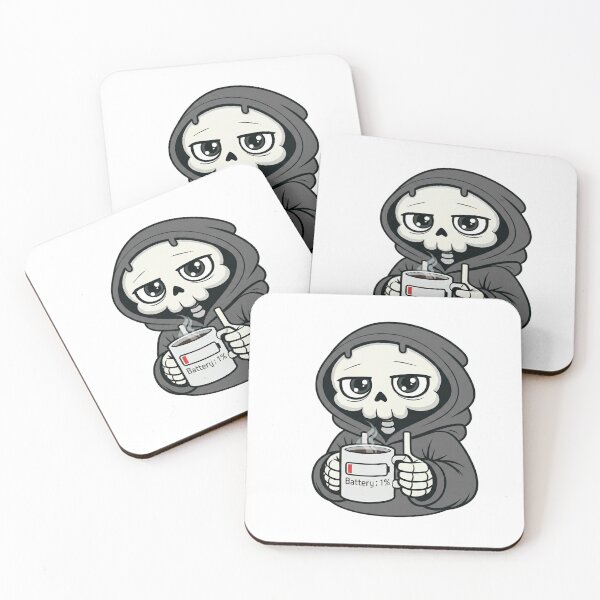 Item preview, Battery 1% Skeleton Drinking Coffee Black & White Version designed and sold by laggy-soul-0.