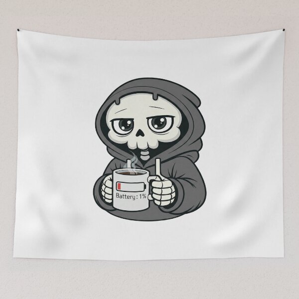 Item preview, Battery 1% Skeleton Drinking Coffee Black & White Version designed and sold by laggy-soul-0.