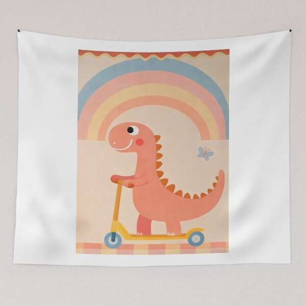 Item preview, Cute Dinosaur on Scooter Nursery Art with Rainbow designed and sold by shopcanva.