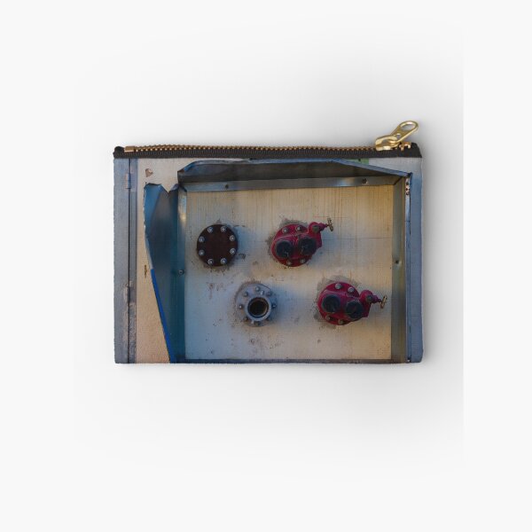 Item preview, Industrial Wall-Mounted Valve Box With Red Handles And Weathered Metal Surface Outdoors designed and sold by Nmallia.
