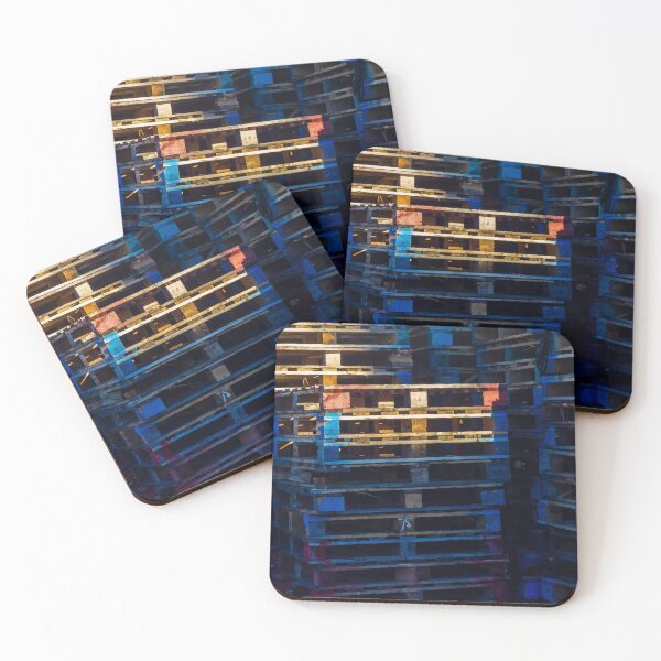 Item preview, Colorful Stacked Wooden Pallets in an Industrial Yard Creating Vibrant Urban Warehouse Atmosphere and Texture designed and sold by Nmallia.