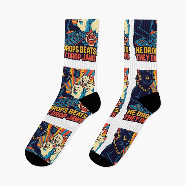 Item preview, DJ Cat - He Drops Beats They Drop Jaws | Retro Cat Music Art designed and sold by ARTGENERATESART.