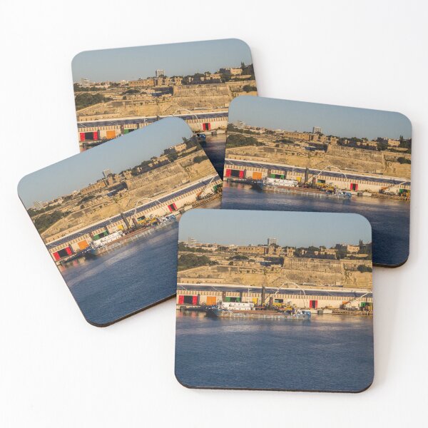 Item preview, Colorful Waterfront Warehouse Doors Along Harbor With City Skyline At Sunset designed and sold by Nmallia.