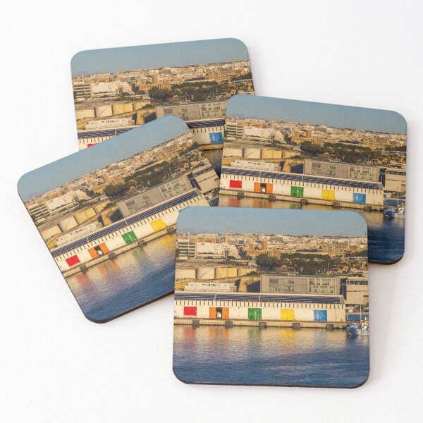 Item preview, Colorful Waterfront Warehouse Doors Along Harbor With City Skyline At Sunset designed and sold by Nmallia.
