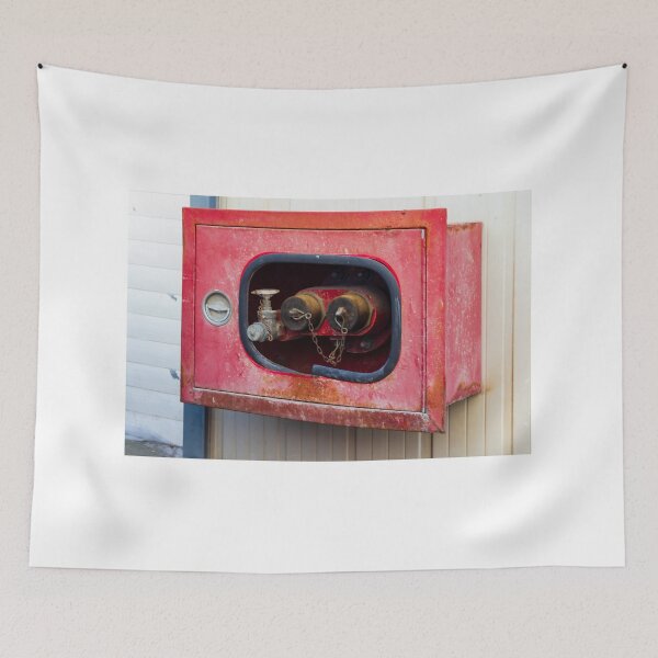 Item preview, Red Fire Hose Cabinet on Exterior Wall With Rusty Vintage Industrial Look designed and sold by Nmallia.