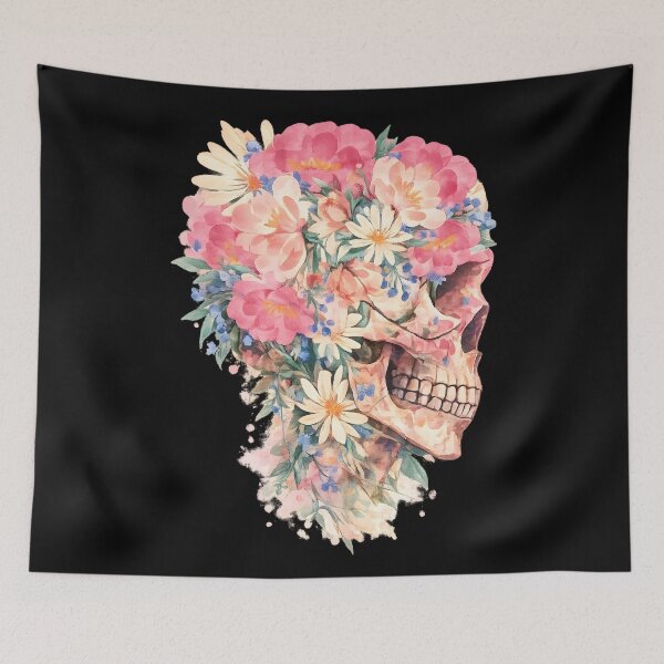 Item preview, Watercolor Floral Skull Pink Peony Flowers Pastel Goth Boho Art designed and sold by DrawHandArt.