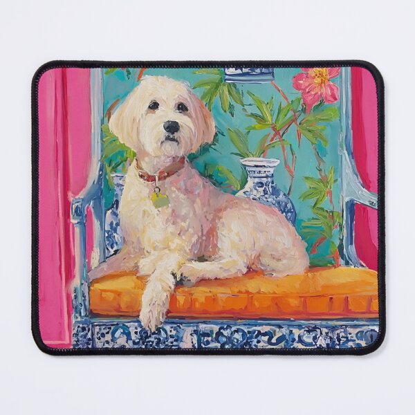 Item preview, Preppy Labradoodle in pink chinoiserie room designed and sold by SophieClimaArt.