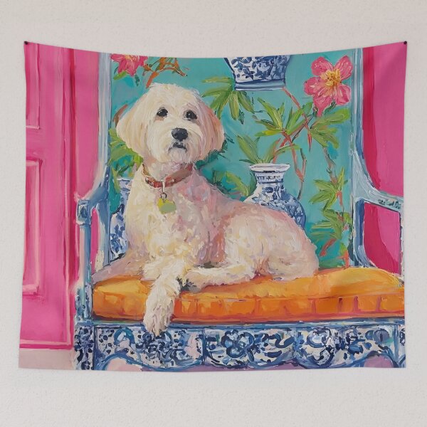 Item preview, Preppy Labradoodle in pink chinoiserie room designed and sold by SophieClimaArt.