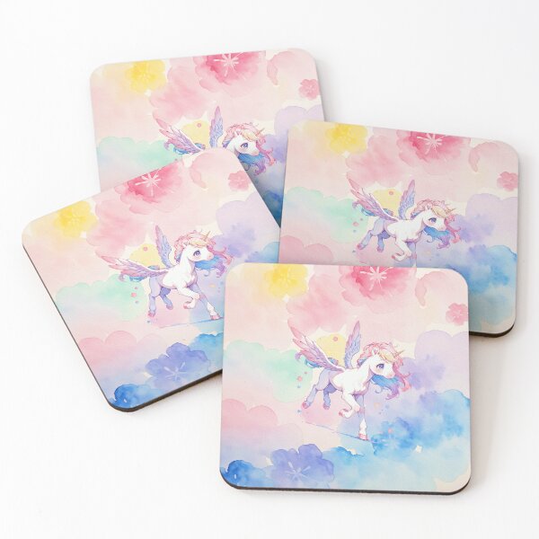 Item preview, Watercolor Kawaii Winged Unicorn Flying in Colorful Cloudscape Art designed and sold by Jagamusubi.