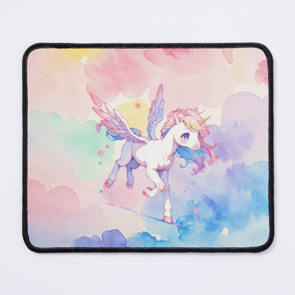 Item preview, Watercolor Kawaii Winged Unicorn Flying in Colorful Cloudscape Art designed and sold by Jagamusubi.