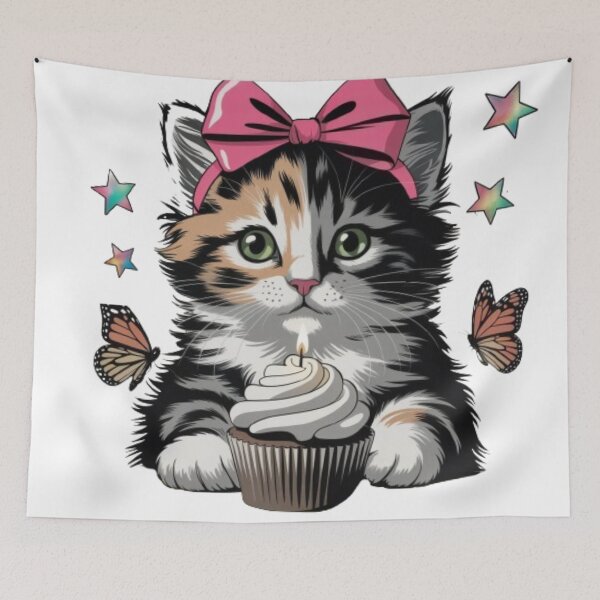 Item preview, Birthday Candle Cat Cupcake Pink Bow Gradient Star Butterfly designed and sold by JediKittenWars.