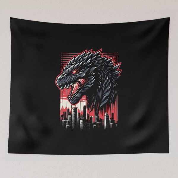 Item preview, A striking illustration of a fierce dragon-like creature amidst a city skyline. designed and sold by beast-net.
