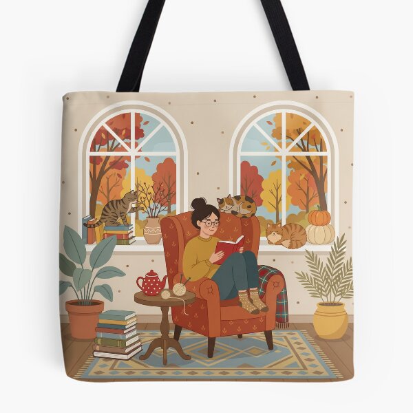 Item preview, Cozy Autumn Reading Nook with Cats designed and sold by AbstractAuraArt.