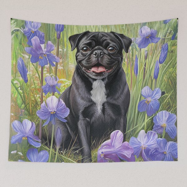 Item preview, Pug Black Dog in Purple Iris Garden Throw Blanket designed and sold by candiscamera.