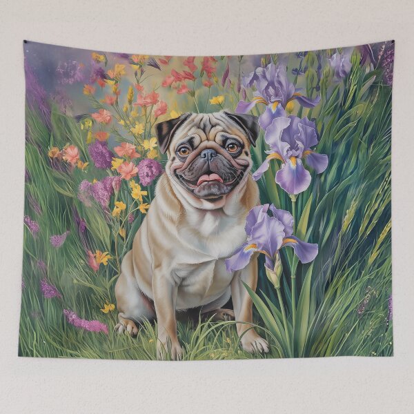 Item preview, Pug Fawn in Iris Garden Throw Blanket designed and sold by candiscamera.