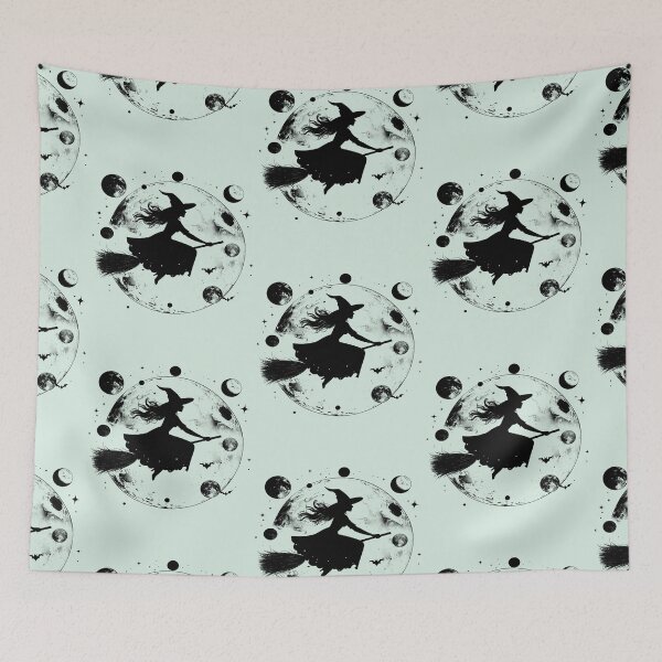 Item preview, Silent magic, witch on a broomstick surrounded by moons designed and sold by LiskoDesign.