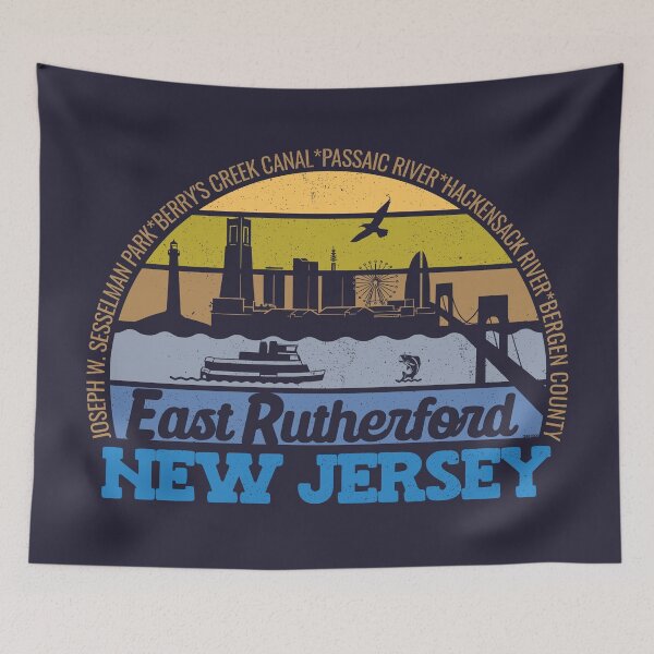 Artikelvorschau, East Rutherford, New Jersey – Logo im Retro-Vintage-Stil mit lokalem Stolz bei Sonnenuntergang entworfen und verkauft von CRHPOD20.