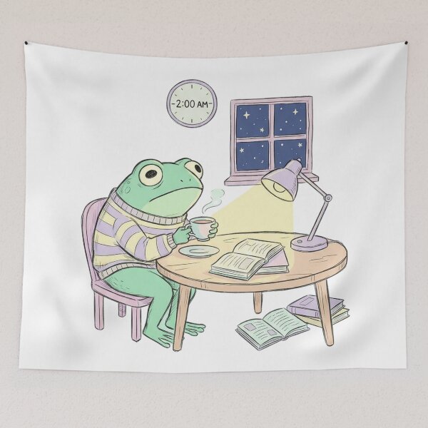 Item preview, Anxious Frog Sipping Tea at 2AM – Cozy Pastel Cottagecore Illustration designed and sold by MrBebox.
