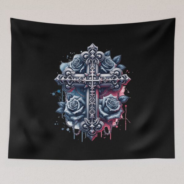 Item preview, Gothic Rose Cross – Dark Ornate Floral Religious Art designed and sold by TheInkRaven.
