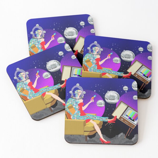 Item preview, Space TV Lounge – Retro Futuristic Robot Pin-Up with Disco Balls designed and sold by MidModMagic.