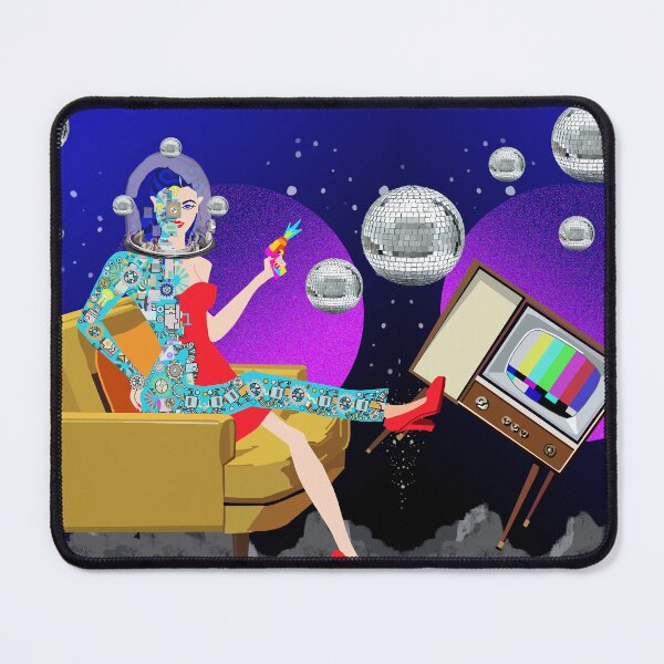Item preview, Space TV Lounge – Retro Futuristic Robot Pin-Up with Disco Balls designed and sold by MidModMagic.