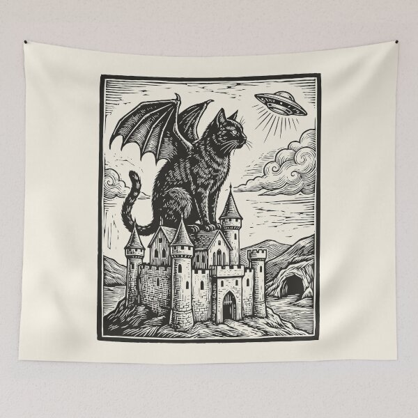 Item preview, Black Dragon Cat UFO Vintage Medieval Fantasy  designed and sold by Y-Vibes.
