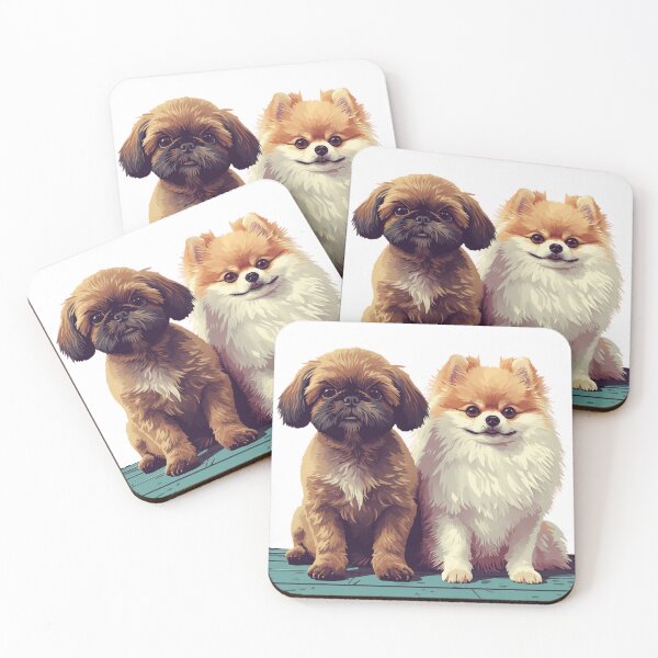 Item preview, Shih Tzu dog, all brown with little fur, Pomeranian, white with caramel-colored eyes, sitting on the floor. designed and sold by NoiseWear.