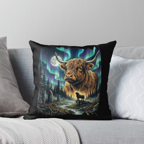 Item preview, Mythical Highland Cow Aurora Art - Scotland Coo Mooing At The Moon designed and sold by Loom on the Loch.