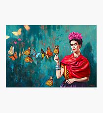 Frida Kahlo self-portrait with butterflies, pink flowers and green turquoise background grunge Photographic Print